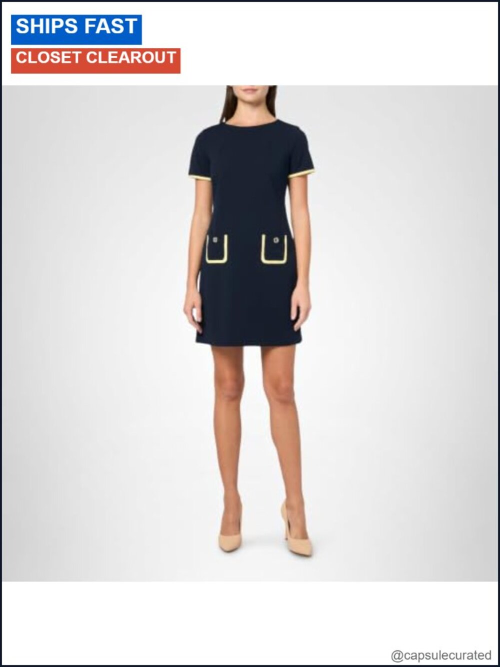 Short Sleeve Jewel Neck Shift Dress with Pockets Mini Length